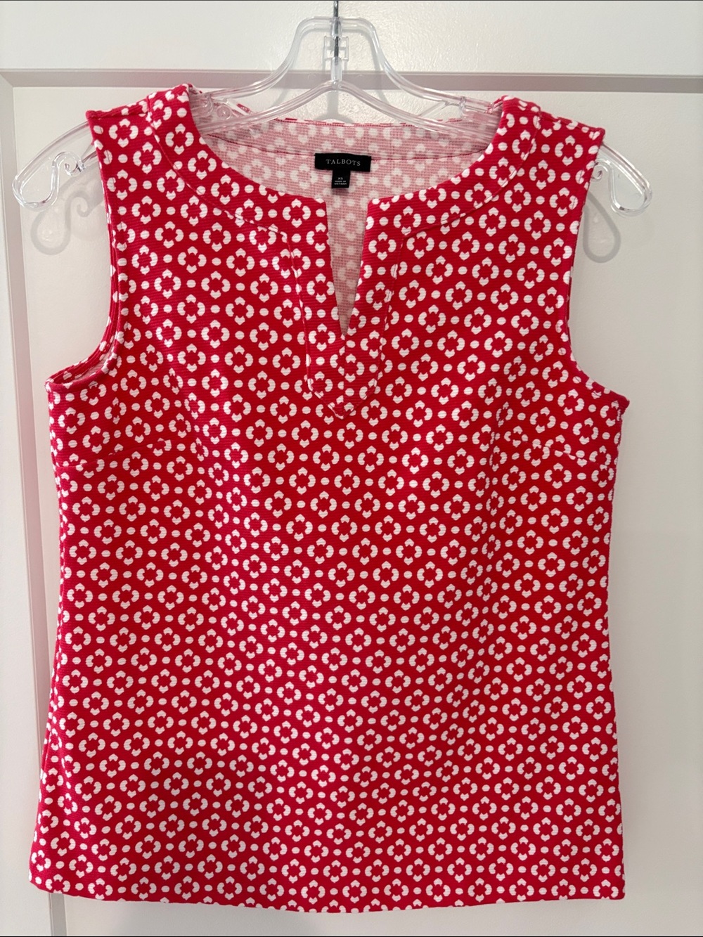 Talbots Red and White Printed Sleeveless Notch-Neck Top